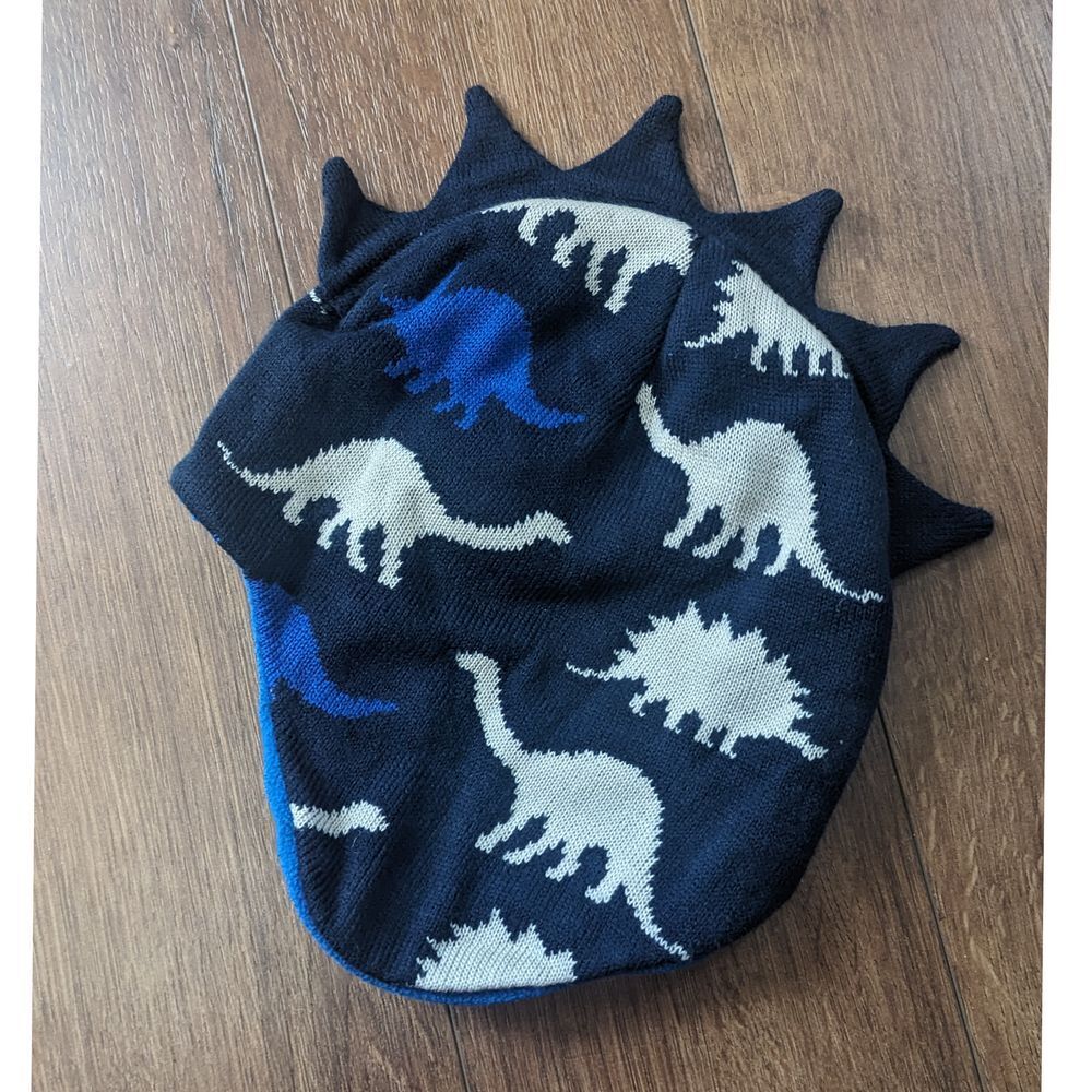 Little Me Dinosaur Print Winter Beanie Hat with Spikes Navy Blue Kids Knit‎ Cap